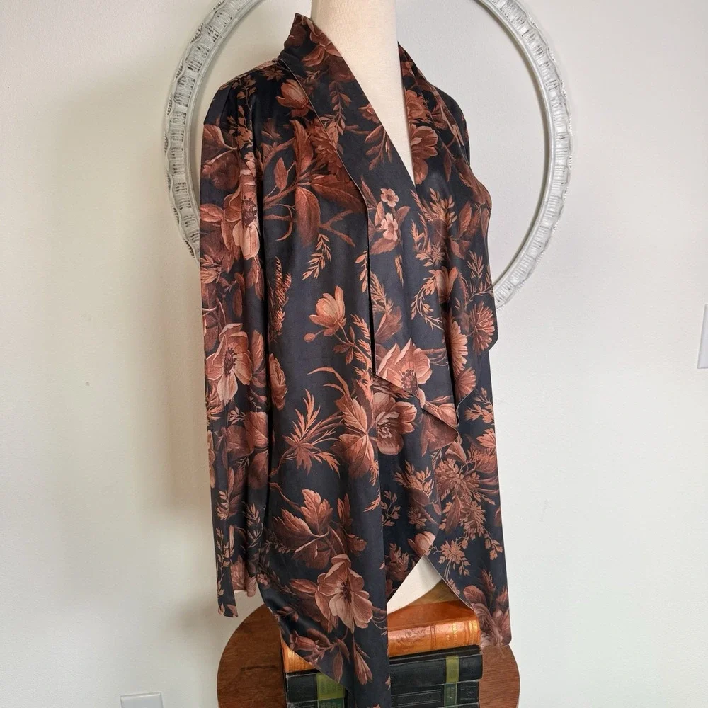 Soft Surroundings Draped Shape Faux Suede Open Front‎ Jacket Botanical Floral S